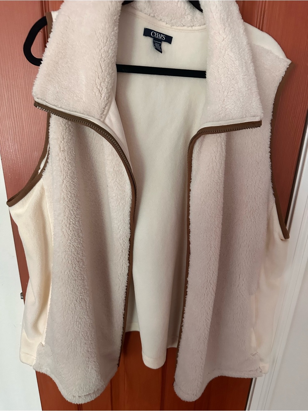 Chaps Cream Sherpa Vest with Tan Trim Accents